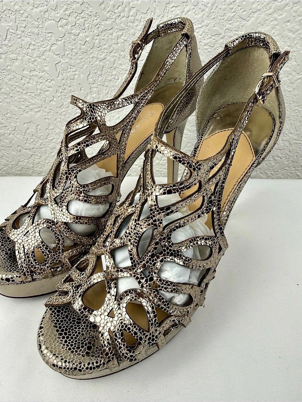 Gianni Bini | Metallic Champagne Gold Caged Platform Stiletto Heels | Size 7.5